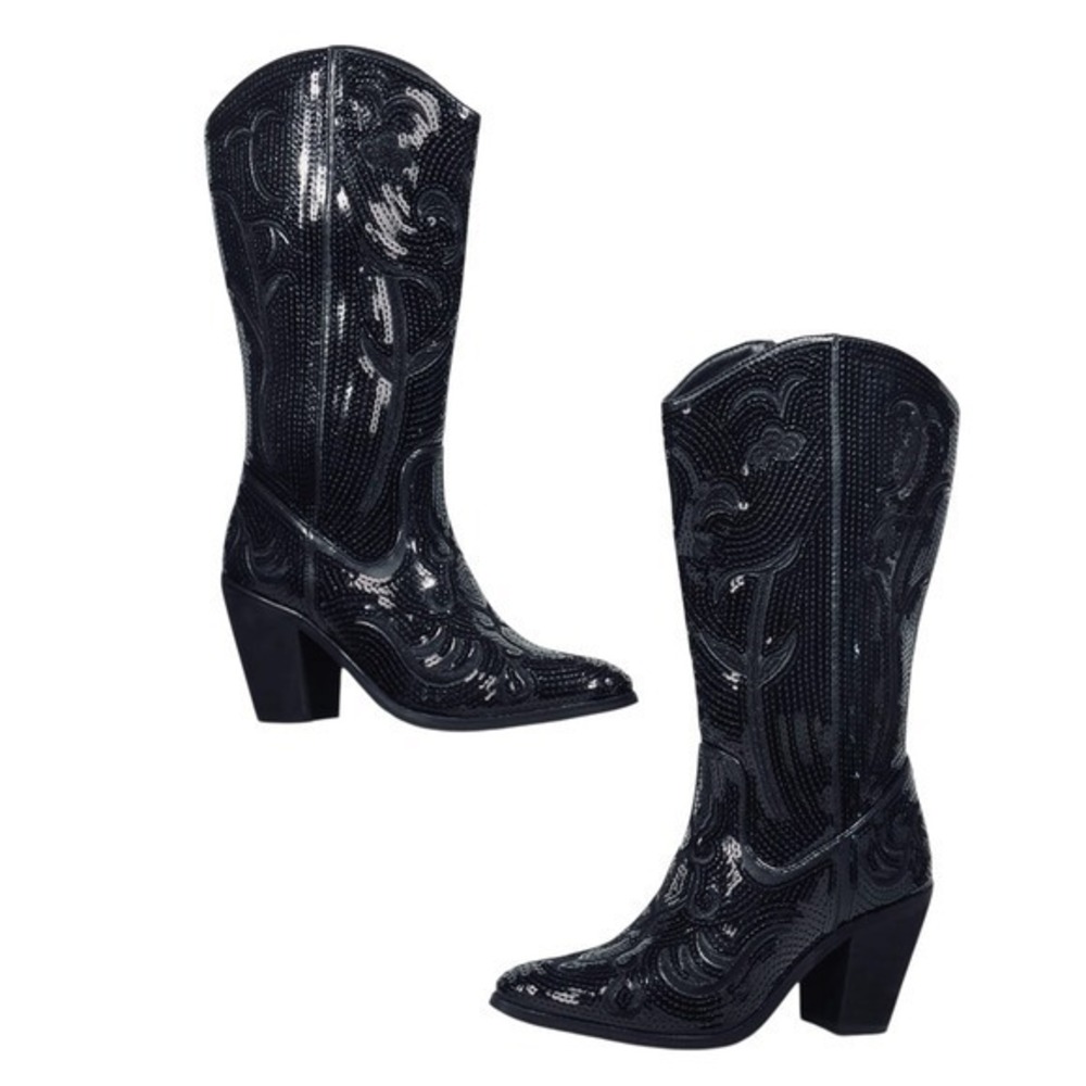 NEW Hawkwell Womens Size 11 Black Sequin Western Cowboy Boots Sparkly Block Heel